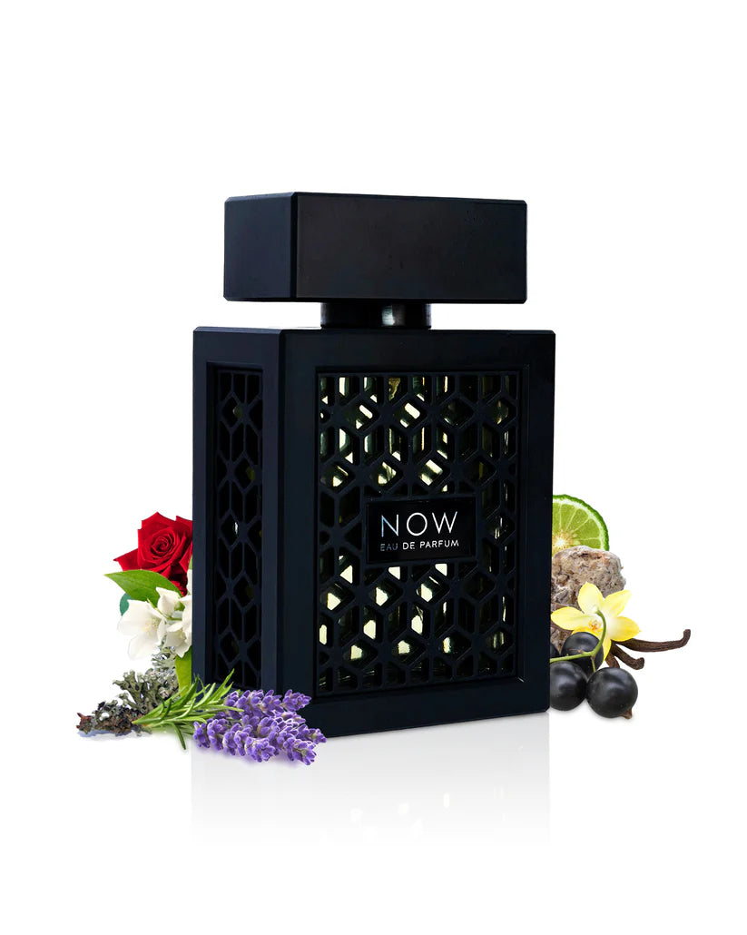 Black perfume bottle labeled 'NOW' with floral and fruit elements on a white background
