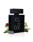 Black perfume bottle labeled 'NOW' with floral and fruit elements on a white background