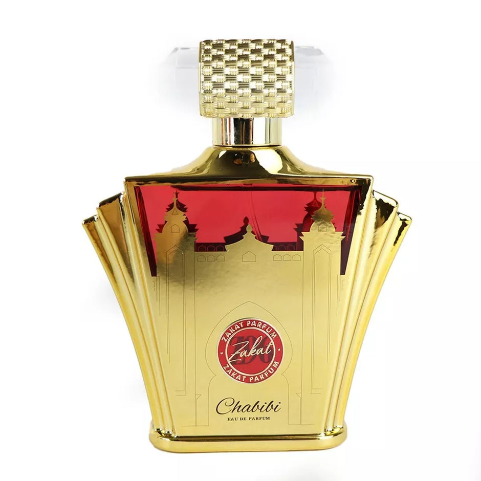 Gold and red perfume bottle with 'Zakat Parfums' branding on a white background