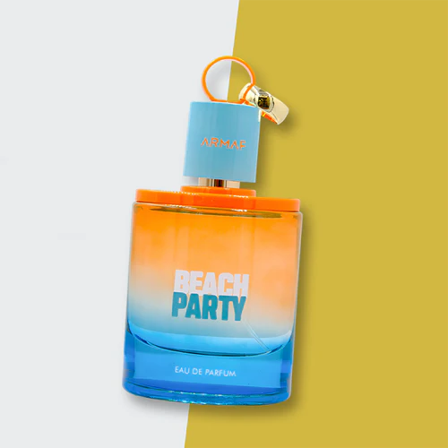 Perfume bottle labeled 'Beach Party' with a gradient design on a two-tone background