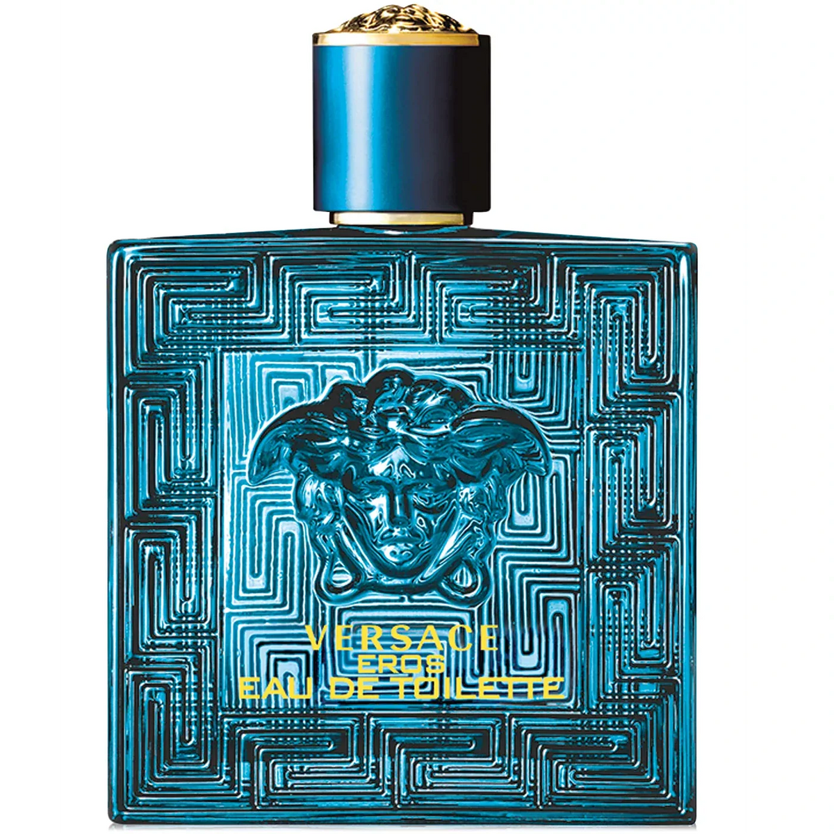 Blue Versace Eros perfume bottle on a white background