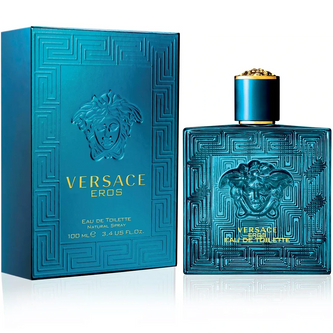 Versace Eros perfume bottle and packaging on a white background