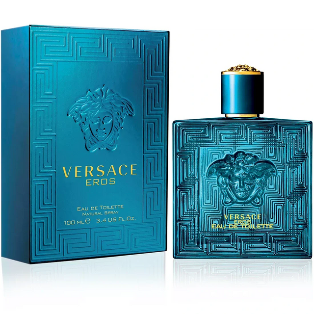 Versace Eros perfume bottle and packaging on a white background
