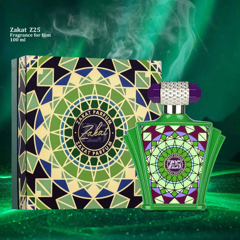Zakat Parfum Z25 fragrance bottle and packaging with geometric design on a green background