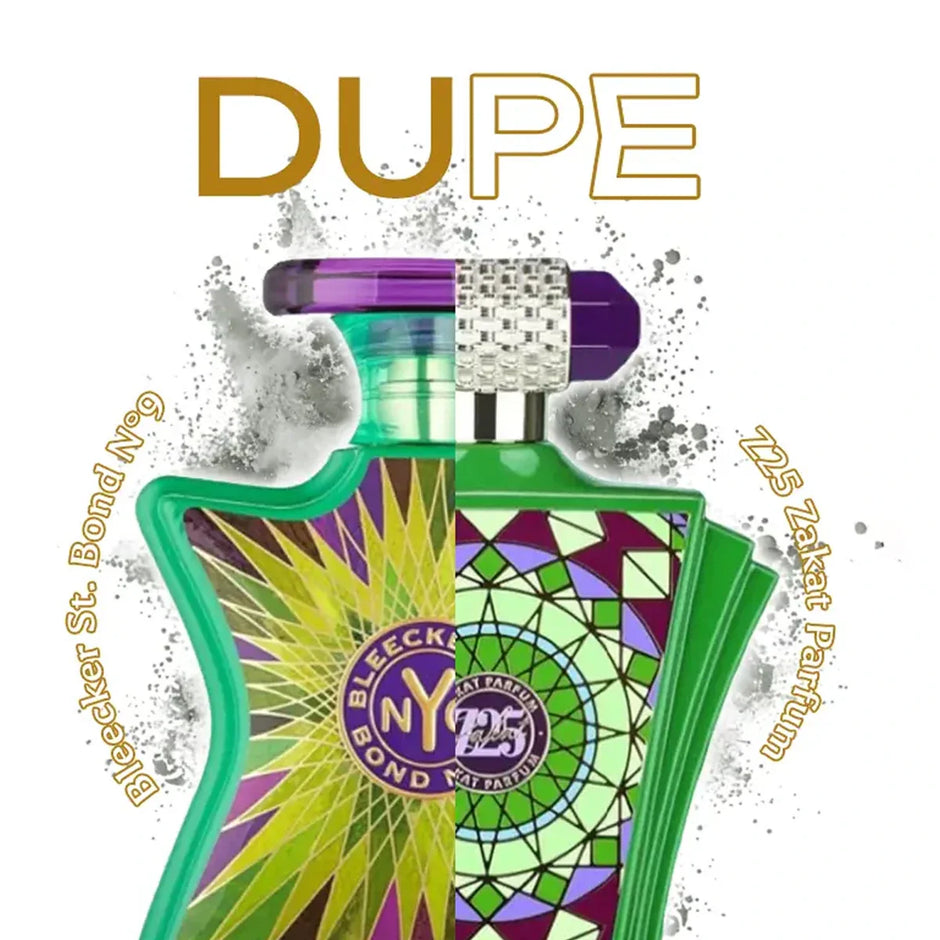 Bottle of Bleeck Bond NY perfume with colorful design and 'DUPE' text on a white background