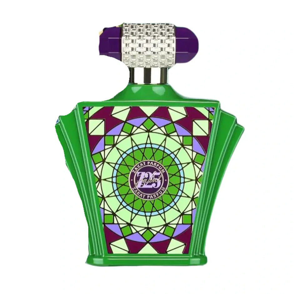 Perfume bottle with green and purple design on a white background