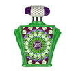 Perfume bottle with green and purple design on a white background
